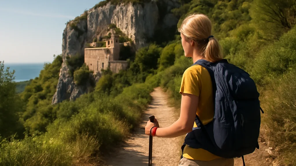 Mani e bastoncini specifici da nordic walking durante una camminata su sentiero facile dei Colli Berici.