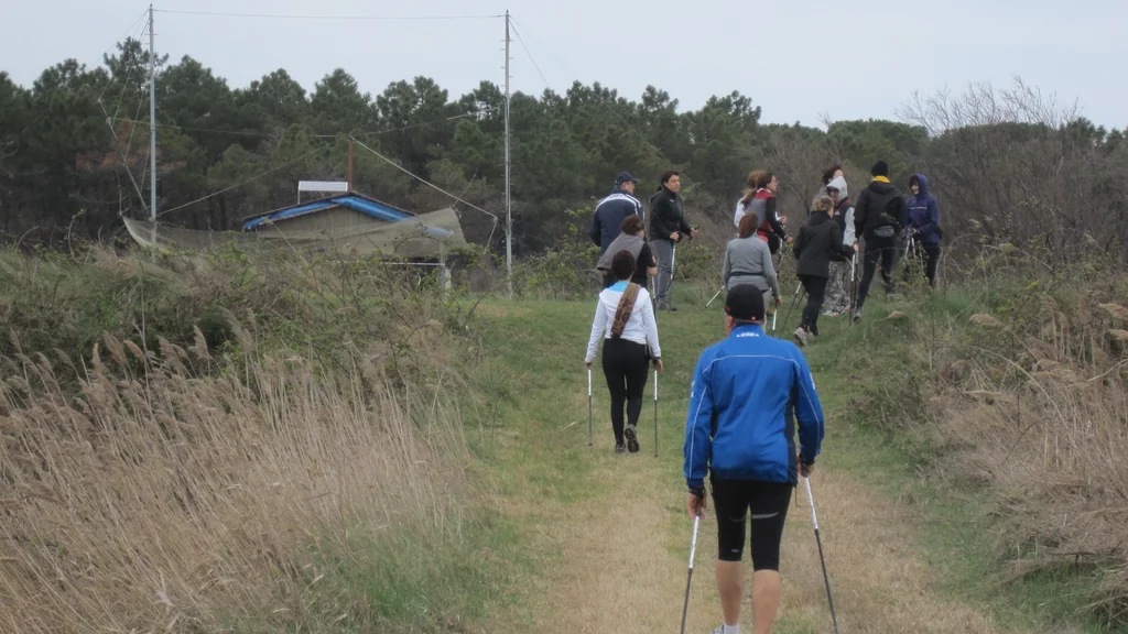 Escursionisti impegnati in una camminata con bastoncini da Nordic Walking