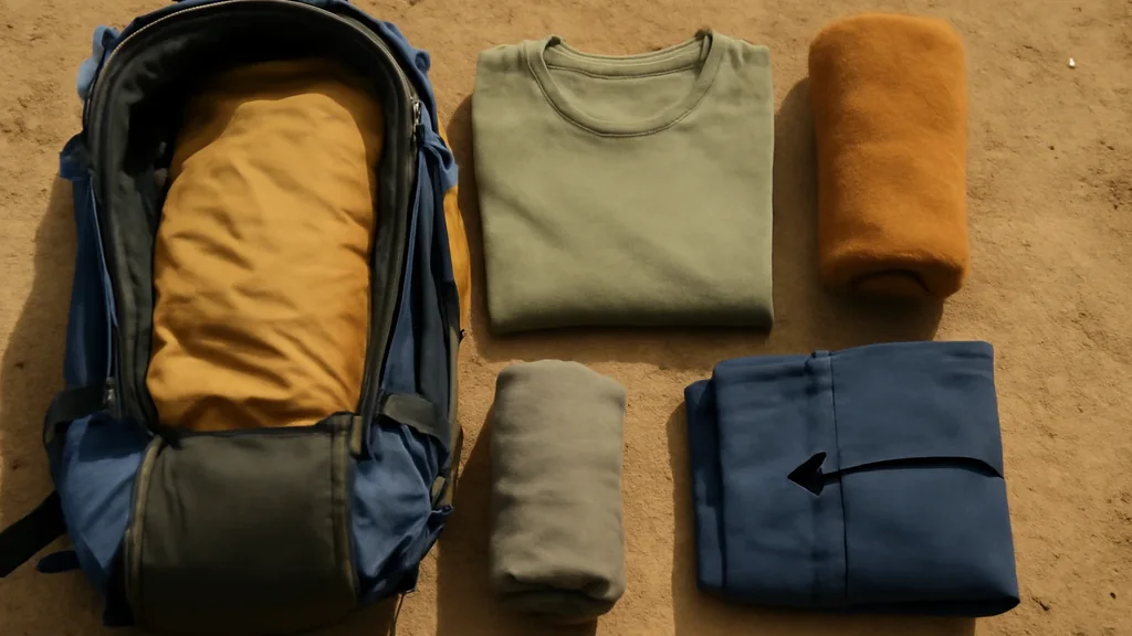 Zaino da camminata aperto con piccolo asciugamano riposto in sacca separata e abbigliamento piegato.