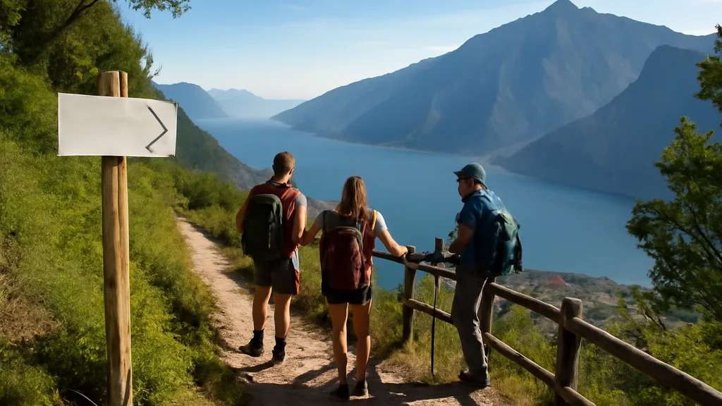 Escursionisti in pausa lungo un sentiero panoramico verso un belvedere