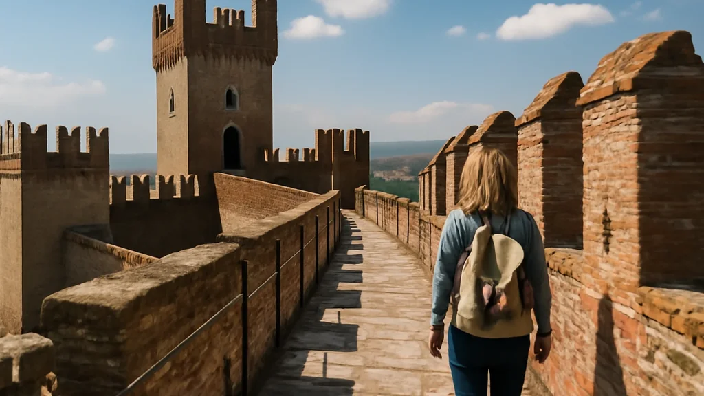 Strada tranquilla di un centro veneto con camminatori e margini verdi, atmosfera autunnale, nessun testo.