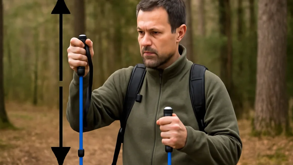 Zaino da escursionismo con bastoncini da trekking e scarpe appoggiate accanto